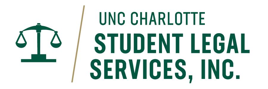 Logo for the corporation which is an image of a pickaxe as the scales of justice, a gold slash, and green text reading "UNC Charlotte Student Legal Services, Inc."