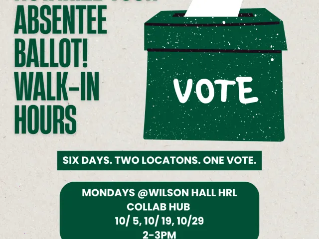 A green box with white text that says "vote" with a hand placing a paper ballot in the slot on the top of the box.