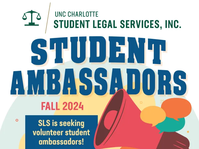 Image from flyer that says "sls is seeking volunteer student ambassadors! Submit applications by 5pm on Aug. 30, 2024."