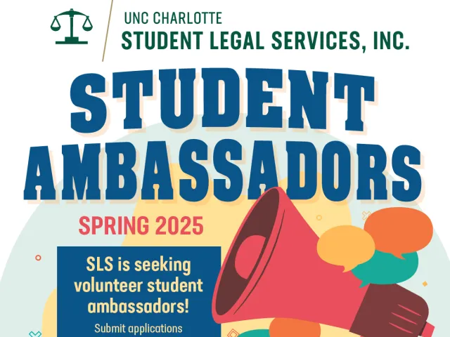 Image from flyer that says "sls is seeking volunteer student ambassadors! Submit applications by 5pm on Jan. 24, 2025."