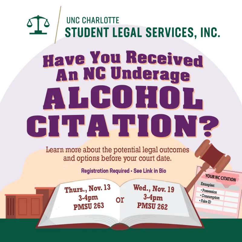 Student Legal Services Logo in green on the top and below that in purple color font is the text that says have you received an NC underage alcohol citation?